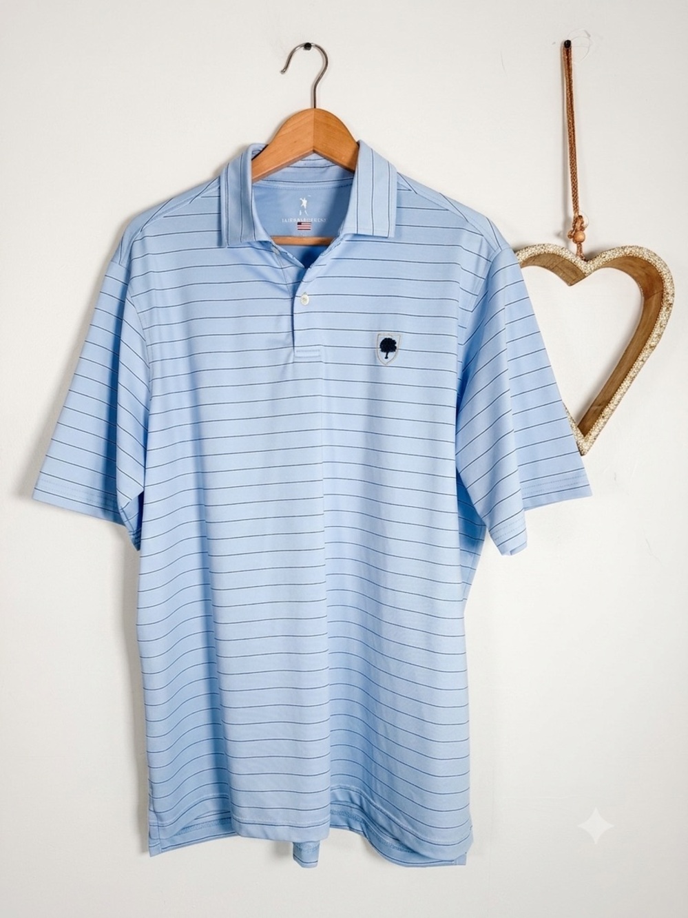Fairway & Greene Mens Size Large Light Blue Striped Golf Polo Shirt Made in USA